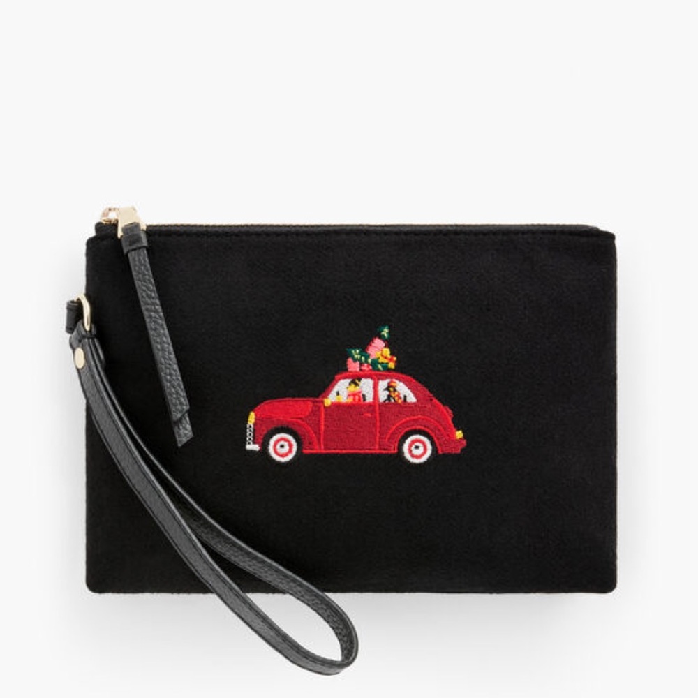 Talbots Embroidered Car Double Gusset Holiday Wristlet Clutch